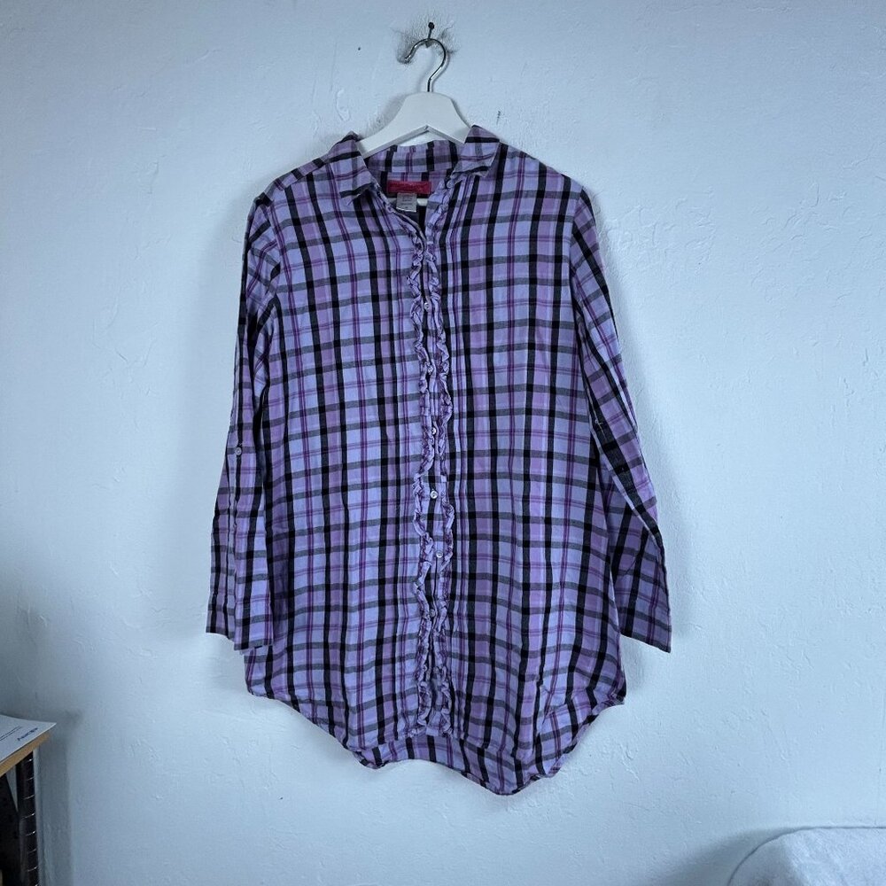 Betsey Johnson Intimates Womens Purple Plaid Ruffle Front Button-Up Shirt Medium